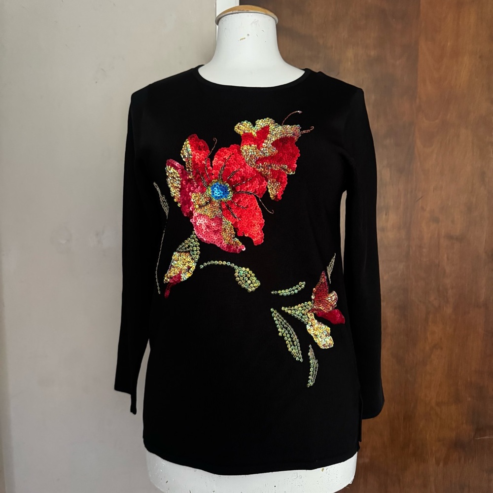 Victor Costa Black Top with Red Floral Design